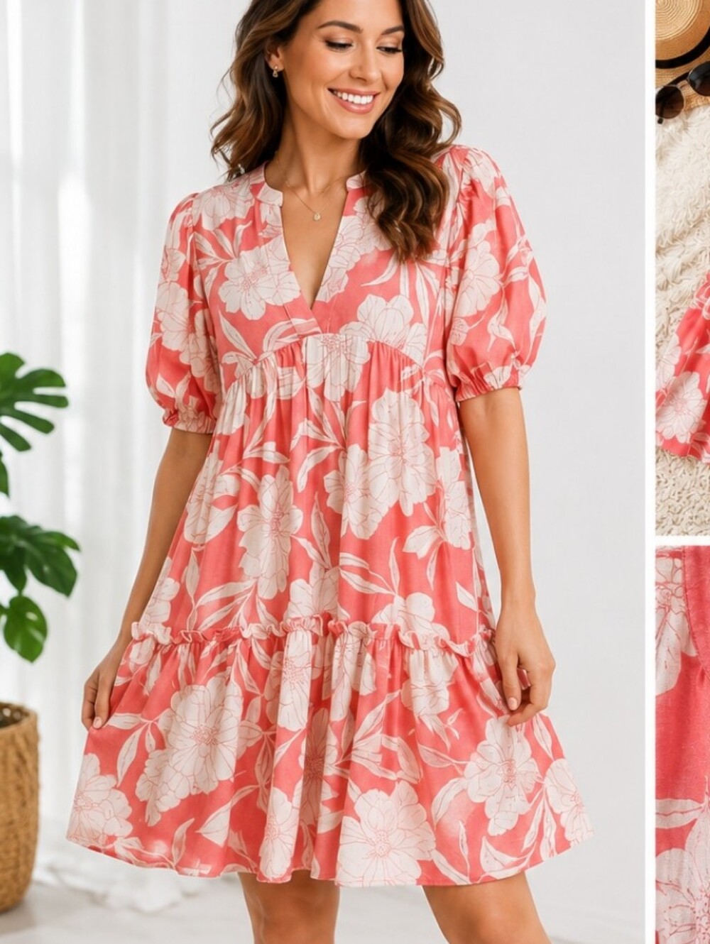 Women's Coral Floral Tiered V-Neck Dress Size Small